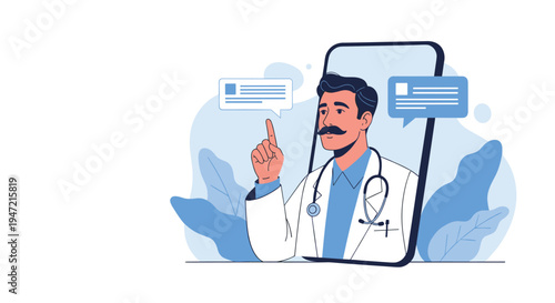 Male doctor with a stethoscope appearing on a mobile phone screen for an online medical consultation and digital healthcare.