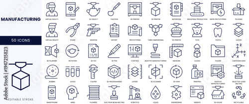 A clean set of 50 editable icons representing various manufacturing processes and tools.