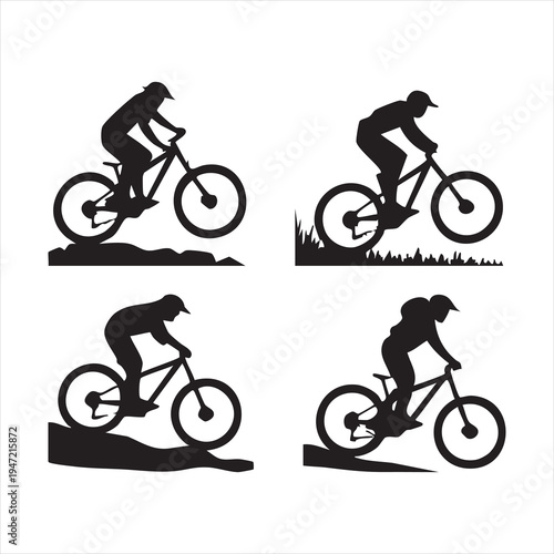 Mountain biker silhouettes, dynamic poses, extreme sport, outdoor activity, cycling adventure set