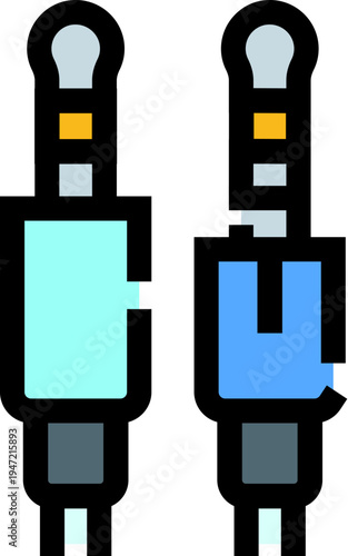 Two vertical stereo audio jack connectors on a white background, symbolizing multimedia and music connections, hardware interface for sound inputoutput in modern audio devices and systems