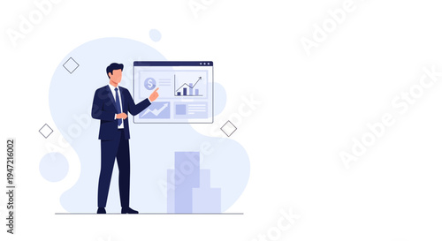 Businessman presenting financial charts and graphs on a digital screen