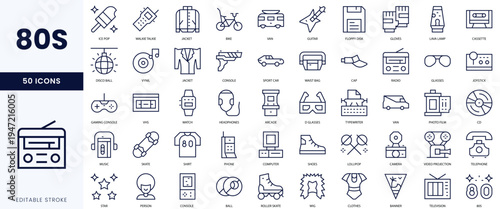 A collection of nostalgic 80s-themed icons showcasing technology, fashion, and pop culture.