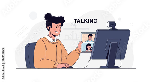 Young person in video call, online communication, remote work, virtual meeting, technology concept