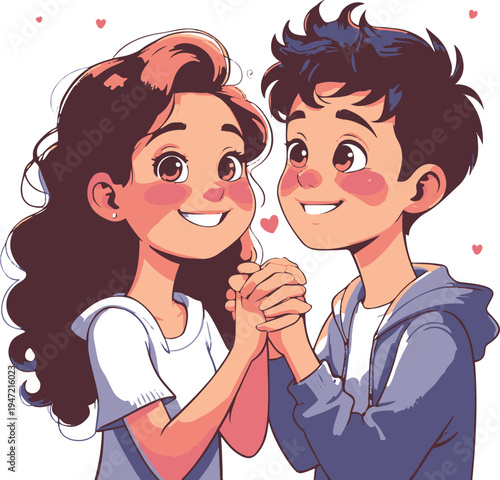 cute teenage couple sharing shy romantic moment, cartoon style vector illustration, isolated on white background 1