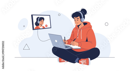 Student learning online with headphones and laptop, video call with teacher