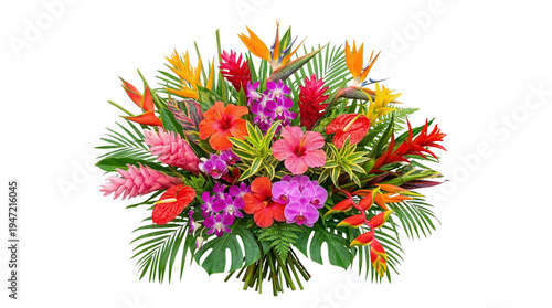 Vibrant tropical flower bouquet featuring exotic blooms like orchids, bromeliads, and hibiscus, arranged with lush green foliage for a stunning display