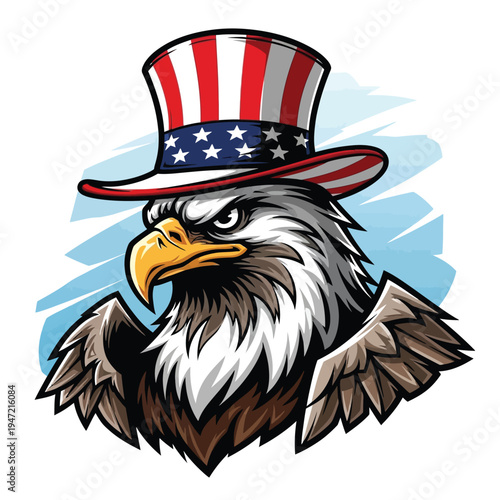 Close-up of eagle head in uncle sam hat with american flag - patriotic background art with the background features abstract blue strokes, highlighting the patriotic theme