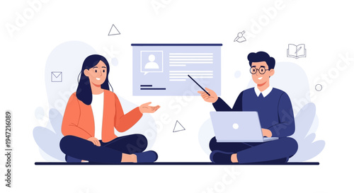 Diverse colleagues collaborate on a project, presenting ideas with laptop and whiteboard