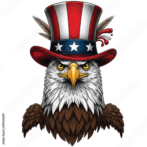 Fierce eagle head in uncle sam hat with feathers and american flag - patriotic symbol