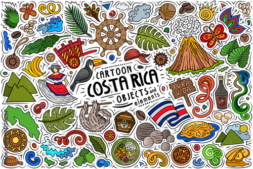 Costa Rica cartoon vector set with animals, plants, beaches, volcanoes, culture and food. Great for travel, adventure, tourism and eco design