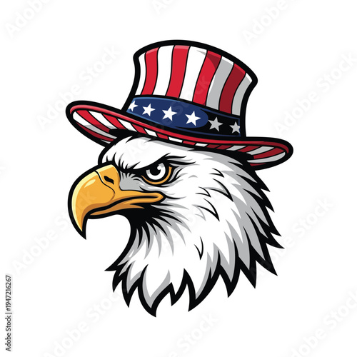 Regal american bald eagle head wearing uncle sam style striped top hat - vector art for national identity and heritage with american flag with vector illustration