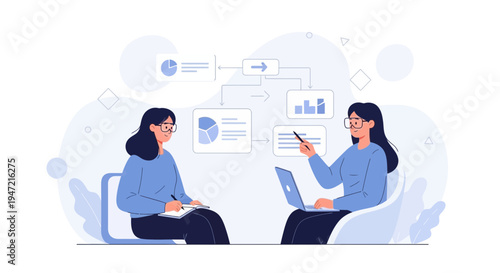 Business meeting: two women discussing charts and data on laptop, planning strategy