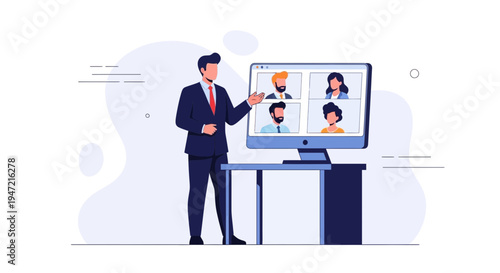 Businessman leading online meeting with remote team on video conference call