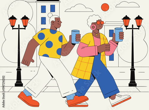 Illustration of Elderly Couple Walking with Drinks on City Street