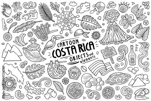 Costa Rica cartoon vector set with animals, plants, beaches, volcanoes, culture and food. Great for travel, adventure, tourism and eco design
