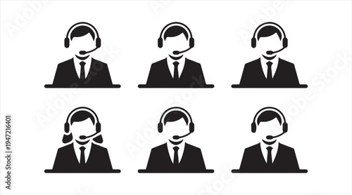 Customer support pictogram collection headset operator icons for hotline help desk and business communication