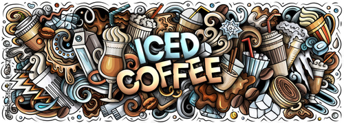 Vector doodle banner illustration of iced latte and cold coffee drinks with cups, beans, ice, milk, and cafe elements. Ideal for coffee shops, summer drinks, packaging, menus, and branding projects