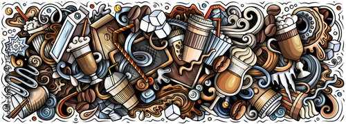 Vector doodle banner illustration of iced latte and cold coffee drinks with cups, beans, ice, milk, and cafe elements. Ideal for coffee shops, summer drinks, packaging, menus, and branding projects