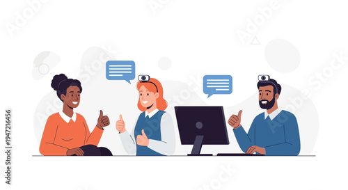 Diverse team collaborating online, giving thumbs up, video call concept