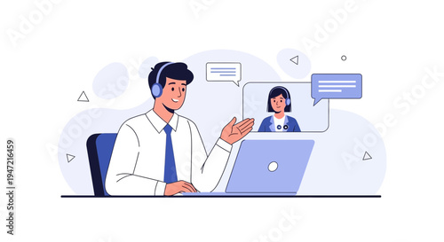 Customer service agent in video call, online support, remote work, business communication