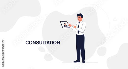 Man in Business Attire Consults Remotely via Tablet Screen