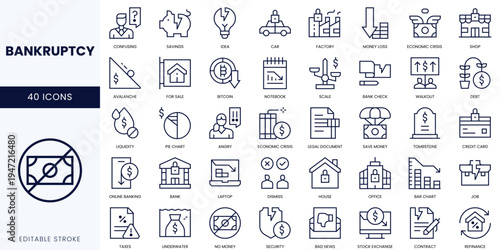 A collection of bankruptcy-related icons showcasing various financial concepts and tools in a minimalistic design.