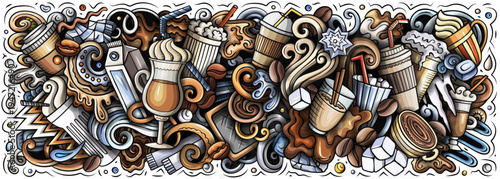 Vector doodle banner illustration of iced latte and cold coffee drinks with cups, beans, ice, milk, and cafe elements. Ideal for coffee shops, summer drinks, packaging, menus, and branding projects