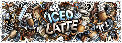 Vector doodle banner illustration of iced latte and cold coffee drinks with cups, beans, ice, milk, and cafe elements. Ideal for coffee shops, summer drinks, packaging, menus, and branding projects