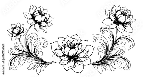 Elegant large floral ornament vector pattern with decorative botanical motifs in grayscale design