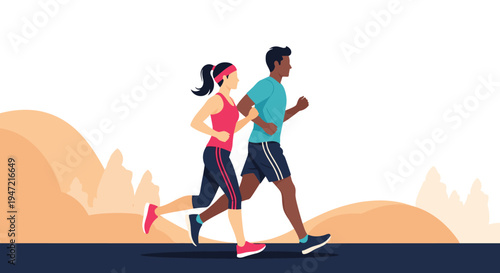 Man and woman jogging together outdoors in a stylized landscape with hills, promoting a healthy and active lifestyle for couples.