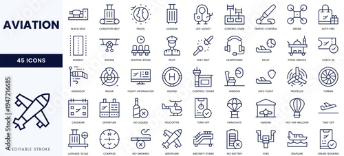 A diverse set of aviation-themed line icons showcasing various elements of air travel.