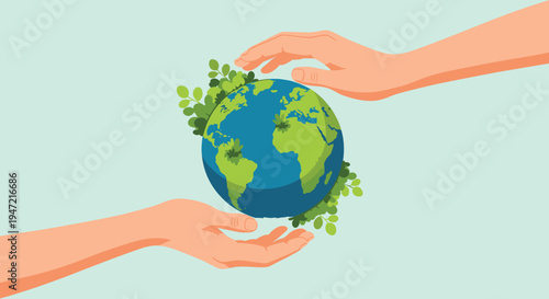 Two human hands gently cradling and protecting the green planet Earth with leaves, symbolizing environmental care and sustainability.