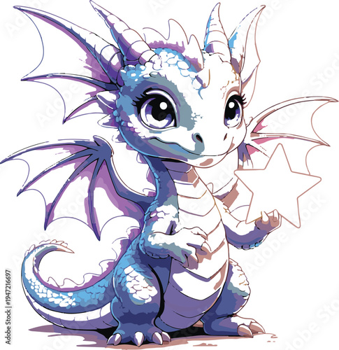  fantasy dragon hatchling holding star, magical cartoon creature, sticker style vector illustration, white background