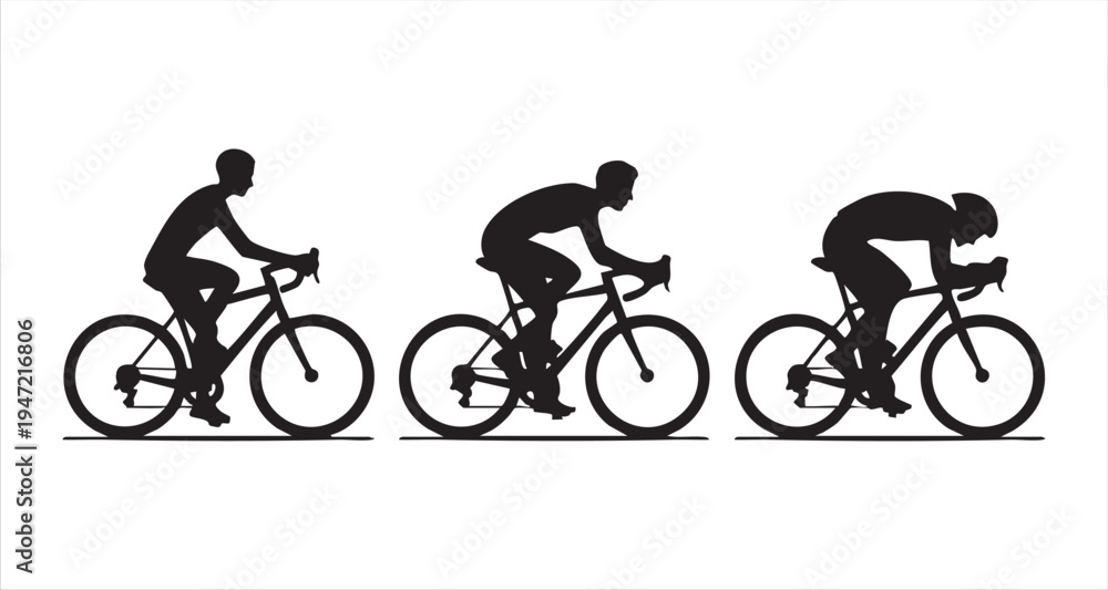 Fototapeta premium Cyclists show progress from standing to racing position, different stages, sport evolution