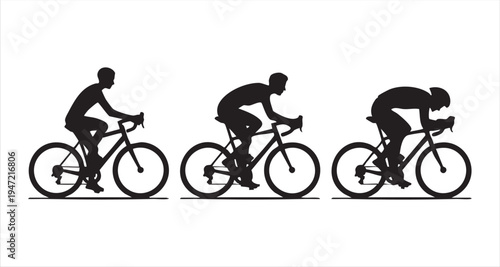 Cyclists show progress from standing to racing position, different stages, sport evolution