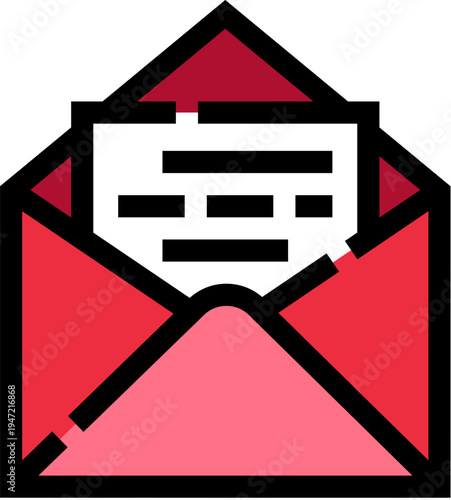 Open red envelope revealing a letter with text lines inside, representing concepts of communication, email, post, correspondence, and traditional mail