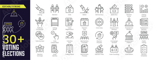 Voting Elections Stroke icon collections. Containing voting, election, vote, ballot, democracy, ballot box, election, polling station, and voting booth icons. Editable Stroke icon collection