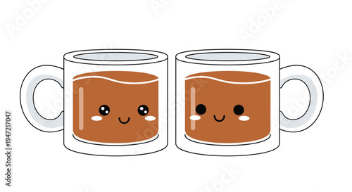 Two smiling transparent coffee mugs with cute faces, representing a happy break or a friendly morning coffee date.