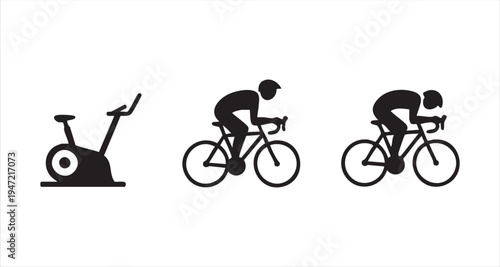 Exercise bike, cyclist in motion, advanced racing position, fitness progression concept