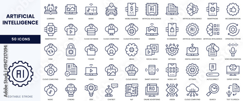 Set of 50 icons representing various concepts related to artificial intelligence and technology.