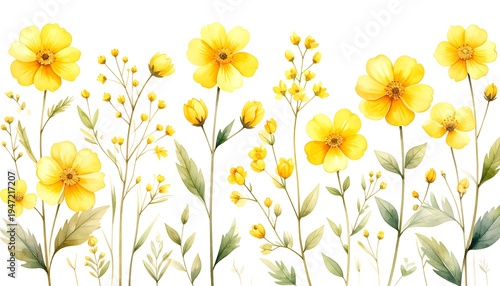 Watercolor-style yellow flowers and greenery form a delicate border against a white background