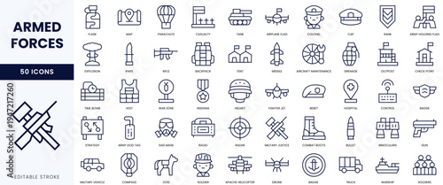 A collection of 50 military-themed icons showcasing various armed forces elements in a clean design.