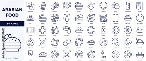 A collection of 50 linear icons representing traditional Arabian food and culinary elements.