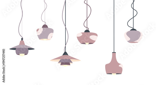 Assortment of stylish modern pendant lamps hanging at different heights, featuring varied shapes and soft purple color tones.