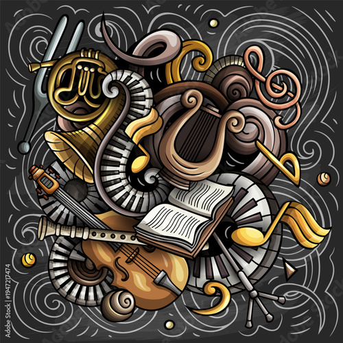 Cartoon vector doodles Classic music illustration. Colorful, detailed, with lots of objects background. Chalkboard musical funny picture