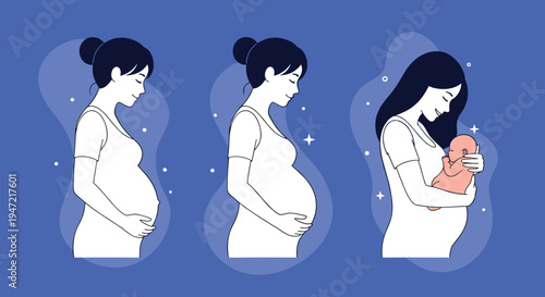 Illustration showing the stages of pregnancy to motherhood, featuring a pregnant woman and then holding her newborn baby.