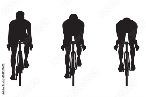 Silhouettes of three cyclists from behind, showcasing different riding positions and forms