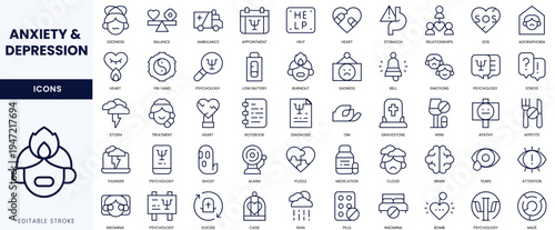 A collection of linear icons illustrating themes of anxiety and depression in a clean, organized layout.