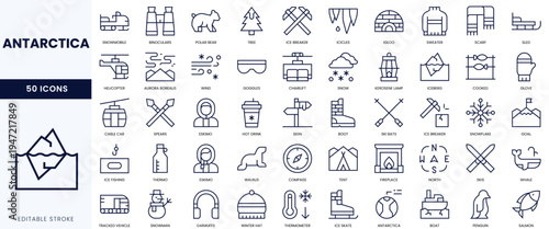 A collection of 50 minimalist icons representing various elements of Antarctica, showcasing its wildlife and exploration.