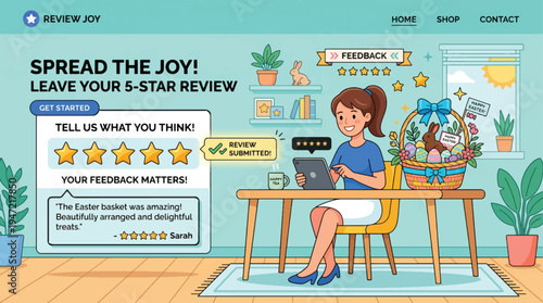Customer feedback and review submission concept with happy woman submitting 5-star rating online, Easter basket decoration, website banner illustration
